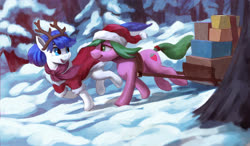Size: 4000x2343 | Tagged: safe, artist:jotun22, oc, oc:pine berry, oc:snow pup, earth pony, pegasus, pony, antlers, christmas, clothes, duo, female, hat, holiday, looking at each other, male, mare, reindeer antlers, running, santa hat, scarf, sled, smiling, stallion, winter