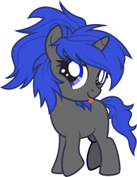 Size: 1791x2305 | Tagged: safe, alternate version, artist:lightning stripe, derpibooru exclusive, edit, oc, oc:dream vezpyre, oc:dream², pony, unicorn, g4, :p, accessory-less edit, blank flank, blue eyes, blue mane, commission, cute, female, filly, foal, gray coat, horn, messy mane, missing accessory, mute, ocbetes, show accurate, simple background, solo, tongue out, transparent background, vector