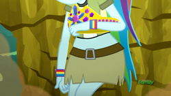 Size: 1920x1080 | Tagged: safe, edit, edited screencap, screencap, rainbow dash, equestria girls, g4, leaping off the page, my little pony equestria girls: summertime shorts, belt, clothes, female, midriff, miniskirt, skirt, solo