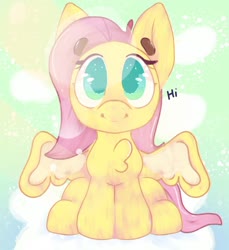 Size: 1318x1437 | Tagged: safe, artist:milliethedutchiemlp, fluttershy, pegasus, pony, g4, abstract background, beanbrows, chest fluff, cute, eyebrows, female, front view, full face view, hi, looking at you, mare, sitting, smiling, solo, spread wings, two toned wings, weapons-grade cute, wings