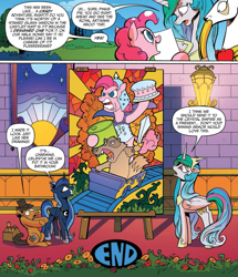 Size: 937x1091 | Tagged: safe, artist:andypriceart, idw, official comic, king aspen, pinkie pie, princess celestia, princess luna, alicorn, badger, deer, earth pony, pony, g4, spoiler:comic, spoiler:comic28, comic, cropped, female, hat, implied shining armor, male, mare, royal sisters, speech bubble, stag, stained glass, stallion, the end, toolbox, unnamed character, unnamed pony, window