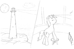 Size: 1004x661 | Tagged: safe, artist:quint-t-w, oc, oc only, pony, unicorn, cliff, light, lighthouse, moon, ocean, old art, pencil drawing, solo, stool, traditional art