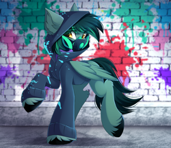 Size: 3233x2797 | Tagged: safe, artist:airiniblock, oc, oc only, oc:target strike, pegasus, pony, clothes, cloven hooves, commission, gas mask, graffiti, high res, hoodie, male, mask, raised hoof, solo