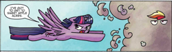 Size: 850x257 | Tagged: safe, artist:agnesgarbowska, idw, official comic, rainbow dash, twilight sparkle, alicorn, pony, g4, spoiler:comic, spoiler:comic30, comic, cropped, duo, dust, female, flying, mare, speech bubble, twilight sparkle (alicorn)