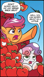 Size: 333x580 | Tagged: safe, artist:tonyfleecs, idw, official comic, scootaloo, sweetie belle, living apple, pony, unicorn, g4, night of the living apples, spoiler:comic, spoiler:comic32, apple, cropped, female, filly, foal, speech bubble