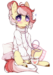 Size: 856x1224 | Tagged: safe, artist:aniimoni, oc, oc only, earth pony, pony, blushing, clothes, coffee cup, crazy straw, cup, drinking, female, mare, simple background, sitting, solo, sweater, transparent background, white outline