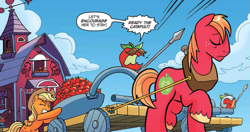 Size: 935x494 | Tagged: safe, artist:tonyfleecs, idw, official comic, applejack, bad apple, big macintosh, earth pony, living apple, pony, g4, night of the living apples, spoiler:comic, spoiler:comic32, apple, catapult, cropped, enslaved, eyes closed, facial hair, female, male, mare, moustache, open mouth, spear, speech bubble, stallion, sweet apple acres, weapon
