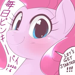 Size: 1536x1536 | Tagged: safe, artist:kurogewapony, pinkie pie, earth pony, pony, g4, bust, cute, dialogue, diapinkes, female, japanese, looking at you, mare, portrait, simple background, solo, speech bubble, translation request, white background