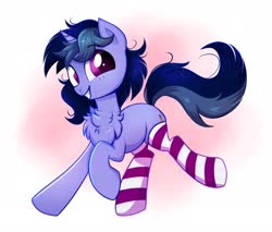 Size: 1916x1634 | Tagged: safe, artist:confetticakez, oc, oc only, oc:purple flix, pony, unicorn, abstract background, blushing, chest fluff, clothes, cute, male, ocbetes, running, socks, solo, stallion, striped socks, thigh highs