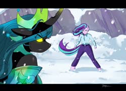 Size: 3220x2337 | Tagged: safe, artist:traupa, queen chrysalis, starlight glimmer, changeling, changeling queen, unicorn, anthro, unguligrade anthro, g4, the ending of the end, female, fight, high res, scene interpretation, snow, starlight vs chrysalis, ultimate chrysalis
