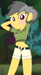 Size: 797x1457 | Tagged: safe, artist:grapefruitface1, artist:rainbowrage12, artist:yaya54320bases, daring do, equestria girls, g4, base used, belly button, blushing, breasts, busty daring do, clothes, female, looking at you, midriff, show accurate, solo, thighs, undressing