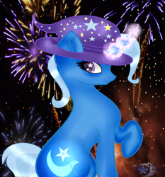 Size: 2320x2488 | Tagged: safe, artist:starmoonyt, trixie, pony, unicorn, g4, clothes, female, fireworks, hat, high res, magic, magic aura, mare, night, smiling, solo, starry eyes, trixie's hat, wingding eyes