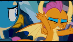 Size: 1024x600 | Tagged: safe, screencap, gallus, smolder, g4, what lies beneath, arms in the air, duo, eyes closed, eyeshadow, makeup, princess smolder
