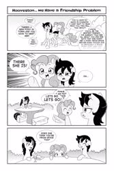 Size: 2107x3160 | Tagged: safe, artist:anonymous, seven seas, pinkie pie, star dancer, oc, oc:nasapone, pony, g4, my little pony: the manga, black and white, cute, dialogue, drawthread, grayscale, hay, hay bale, high res, manga style, monochrome, style emulation, table
