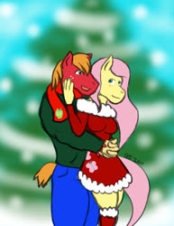 Size: 765x990 | Tagged: safe, artist:caseyljones, big macintosh, fluttershy, earth pony, pegasus, anthro, g4, blushing, christmas, christmas tree, clothes, cutie mark on clothes, dress, female, holiday, hug, hug from behind, male, mare, scarf, ship:fluttermac, shipping, snow, snowfall, stallion, straight, tree, winter