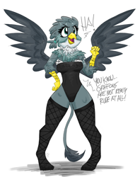 Size: 1500x1893 | Tagged: safe, artist:flutterthrash, gabby, griffon, anthro, bare shoulders, breasts, chest fluff, clothes, cute, dialogue, female, fishnets, gabbybetes, leotard, open mouth, reasonably sized breasts, simple background, solo, spread wings, stockings, strapless, thigh highs, white background, wings