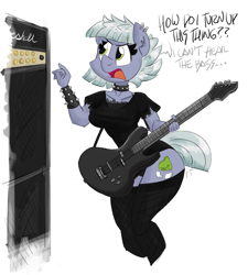 Size: 1200x1335 | Tagged: safe, artist:flutterthrash, limestone pie, anthro, g4, black underwear, choker, clothes, dialogue, ear fluff, ear piercing, electric guitar, female, fishnet stockings, guitar, heavy metal, metal, musical instrument, open mouth, panties, piercing, simple background, solo, spiked choker, spiked wristband, underwear, white background, wristband