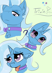 Size: 1240x1754 | Tagged: safe, artist:llametsul, trixie, pony, unicorn, g4, bust, chest fluff, collar, ear fluff, female, floppy ears, looking at you, looking down, looking down at you, looking up, question mark, simple background, solo, tongue out
