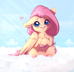 Size: 3170x3069 | Tagged: safe, artist:miokomata, fluttershy, pegasus, pony, blushing, chest fluff, cloud, colored hooves, crepuscular rays, cute, ear fluff, female, heart, high res, leg fluff, mare, on a cloud, one ear down, shyabetes, sitting, sky, smiling, solo