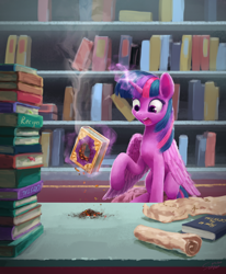 Size: 960x1165 | Tagged: safe, artist:smg11-on-ddjrb, twilight sparkle, alicorn, pony, g4, the crystalling, ash, book, bookshelf, crystal empire, destroyed book, female, glowing horn, hole, horn, magic, open mouth, scene interpretation, scroll, solo, telekinesis, twilight sparkle (alicorn)