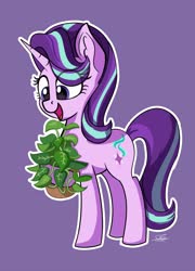 Size: 2160x3000 | Tagged: safe, artist:sadtrooper, phyllis, starlight glimmer, pony, unicorn, a horse shoe-in, g4, cute, eye clipping through hair, female, glimmerbetes, high res, mare, open mouth, plant, purple background, simple background, smiling, solo, white outline
