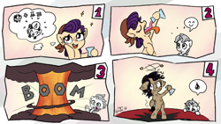 Size: 3840x2160 | Tagged: safe, artist:fipoki, oc, earth pony, pony, unicorn, attempted transformation, chemistry, comic, explosion, high res, potion, thought bubble