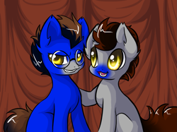Size: 1143x857 | Tagged: artist needed, safe, artist:sapphfyr, oc, oc only, oc:ennex, oc:random action, earth pony, pony, brothers, duo, glasses, male, siblings, stallion, twins