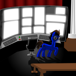 Size: 5000x5000 | Tagged: safe, artist:djspacer, oc, oc:ennex, earth pony, pony, chair, desk, earth pony oc, evil grin, evil lair, grin, lair, looking at you, male, smiling, smiling at you, solo