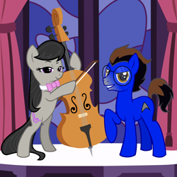 Size: 5000x5000 | Tagged: safe, artist:mailinya, octavia melody, oc, oc:ennex, earth pony, pony, g4, bow (instrument), commission, earth pony oc, female, looking at you, male, mare