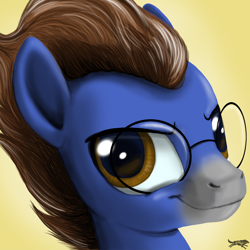 Size: 1200x1200 | Tagged: safe, artist:lostinthetrees, oc, oc:ennex, earth pony, pony, bust, earth pony oc, head, looking at you, male, portrait, simple background, yellow background