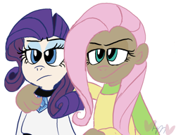 Size: 800x613 | Tagged: safe, artist:mirabuncupcakes15, fluttershy, rarity, human, g4, choker, clothes, dark skin, eyeshadow, female, fluttershy is not amused, humanized, makeup, rarity is not amused, scarf, simple background, sweater, sweatershy, unamused, white background