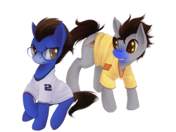 Size: 1024x768 | Tagged: safe, artist:crystalsonatica, oc, oc:ennex, oc:random action, earth pony, pony, brad keselowski, clothes, duo, duo male, earth pony oc, joey logano, looking at each other, looking at someone, male, nascar, shirt, simple background, t-shirt, transparent background