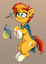 Size: 2388x3289 | Tagged: safe, artist:pabbley, sunburst, pony, unicorn, g4, belly button, book, ear fluff, female, glasses, glowing horn, high res, horn, huh, implied transformation, implied transgender transformation, levitation, magic, mare, meganekko, open mouth, question mark, rule 63, solo, spellbook, sunstone, telekinesis