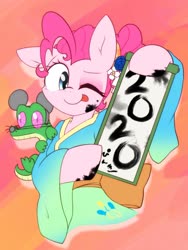 Size: 1536x2048 | Tagged: safe, artist:akainu_pony, gummy, pinkie pie, earth pony, pony, g4, 2020, female, looking at you, mare, one eye closed, solo, tongue out, wink, year of the rat