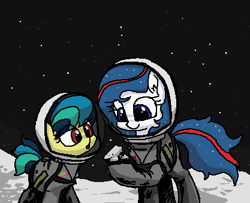Size: 417x339 | Tagged: safe, artist:plunger, oc, oc:apogee, oc:nasapone, earth pony, pegasus, pony, 4chan, :o, c:, cute, drawthread, duo, eye clipping through hair, moon, moon rock, ocbetes, open mouth, smiling, space, spacesuit, stars