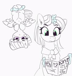 Size: 2924x3098 | Tagged: safe, artist:pabbley, clear sky, twilight sparkle, wind sprint, pegasus, pony, unicorn, g4, belly button, duo, female, filly, freckles, glowing horn, high res, horn, magic, mare, monochrome, mother and daughter, partial color, reading, spread wings, telekinesis, twiggie, unamused, upside down, wings