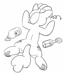 Size: 3217x3580 | Tagged: safe, artist:pabbley, berry punch, berryshine, earth pony, pony, g4, both cutie marks, bottle, cider, drunk, faceplant, female, frog (hoof), high res, mare, monochrome, passed out, rear view, solo, underhoof
