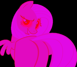 Size: 636x556 | Tagged: safe, artist:mellow91, edit, fluttershy, oc, oc only, oc:valentinia, pony, bridle gossip, g4, always works, black background, blank flank, butt, dreamworks face, flutterbutt, glowing eyes, grin, needs more saturation, pink, plot, possessed, red eyes, seductive, seductive look, simple background, smiling, solo