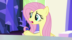 Size: 1920x1080 | Tagged: safe, screencap, fluttershy, pegasus, pony, g4, the last laugh, cutie map, female, mare, open mouth, raised hoof, solo