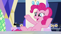 Size: 1920x1080 | Tagged: safe, screencap, pinkie pie, earth pony, pony, g4, the last laugh, cutie map, female, mare, open mouth, sitting, smiling, solo
