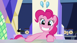 Size: 1920x1080 | Tagged: safe, screencap, pinkie pie, earth pony, pony, g4, the last laugh, cutie map, female, mare, sitting, smiling, solo