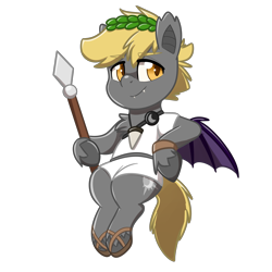 Size: 4093x4093 | Tagged: safe, artist:jcosneverexisted, oc, oc only, oc:night striker, bat pony, pony, g4.5, my little pony: pony life, clothes, ggwealons, greek, greek clothes, laurel wreath, looking at you, male, sandals, simple background, sitting, solo, spear, transparent background, unshorn fetlocks, weapon