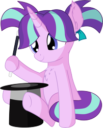 Size: 5912x7329 | Tagged: safe, artist:cyanlightning, starlight glimmer, pony, unicorn, .svg available, absurd resolution, chest fluff, cute, daaaaaaaaaaaw, ear fluff, female, filly, filly starlight glimmer, glimmerbetes, hat, holding, pigtails, silly, simple background, sitting, smiling, solo, transparent background, vector, wand, younger
