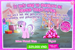 Size: 1553x1028 | Tagged: safe, gameloft, diamond tiara, earth pony, pony, g4, official, the last problem, advertisement, crack is cheaper, gem, good end, introduction card, older, older diamond tiara, sale