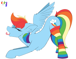 Size: 4299x3344 | Tagged: safe, artist:pedalspony, artist:raptorpwn3, rainbow dash, pegasus, pony, g4, chest fluff, clothes, cutie mark, female, flat colors, hip, iwtcird, meme, rainbow socks, simple background, slender, socks, solo, spread wings, stretching, striped socks, thigh highs, thin, tongue out, transparent background, wings, yawn
