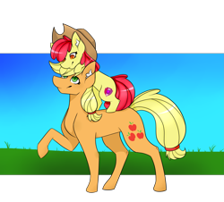 Size: 3493x3163 | Tagged: safe, artist:derpymuffins12, apple bloom, applejack, earth pony, pony, g4, adorabloom, apple bloom riding applejack, apple sisters, applejack's hat, cowboy hat, cute, hat, high res, looking at each other, piggyback ride, ponies riding ponies, redraw, riding, smiling