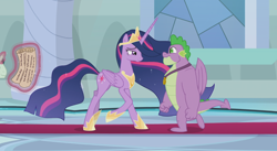 Size: 1356x743 | Tagged: safe, screencap, professor mossmane, professor mosstone, spike, twilight sparkle, alicorn, dragon, pony, unicorn, g4, the last problem, concave belly, female, gigachad spike, magic, male, mare, offscreen character, older, older spike, older twilight, older twilight sparkle (alicorn), princess twilight 2.0, scroll, shipping fuel, side view, slender, stallion, telekinesis, thin, twilight sparkle (alicorn), winged spike, wings