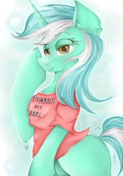 Size: 730x1044 | Tagged: safe, artist:osefchan, lyra heartstrings, semi-anthro, g4, arm hooves, clothes, ear fluff, female, hoof on cheek, humie, lidded eyes, raised eyebrow, shirt, signature, simple background, smiling, solo, starry eyes, t-shirt, that pony sure does love humans, wingding eyes
