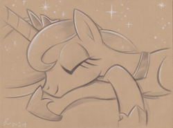 Size: 4440x3284 | Tagged: safe, artist:fladdrarblyg, princess luna, pony, g4, brown background, bust, crossed hooves, crown, cute, female, high res, hoof shoes, jewelry, lunabetes, regalia, signature, simple background, sleeping, smiling, solo, stars, traditional art