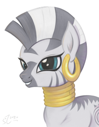 Size: 3256x4184 | Tagged: safe, artist:fladdrarblyg, zecora, pony, zebra, g4, bust, ear piercing, earring, female, jewelry, neck rings, piercing, portrait, signature, simple background, smiling, solo, traditional art, white background